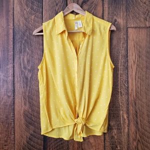 Japna short sleeve tie waist yellow white polka dot top large